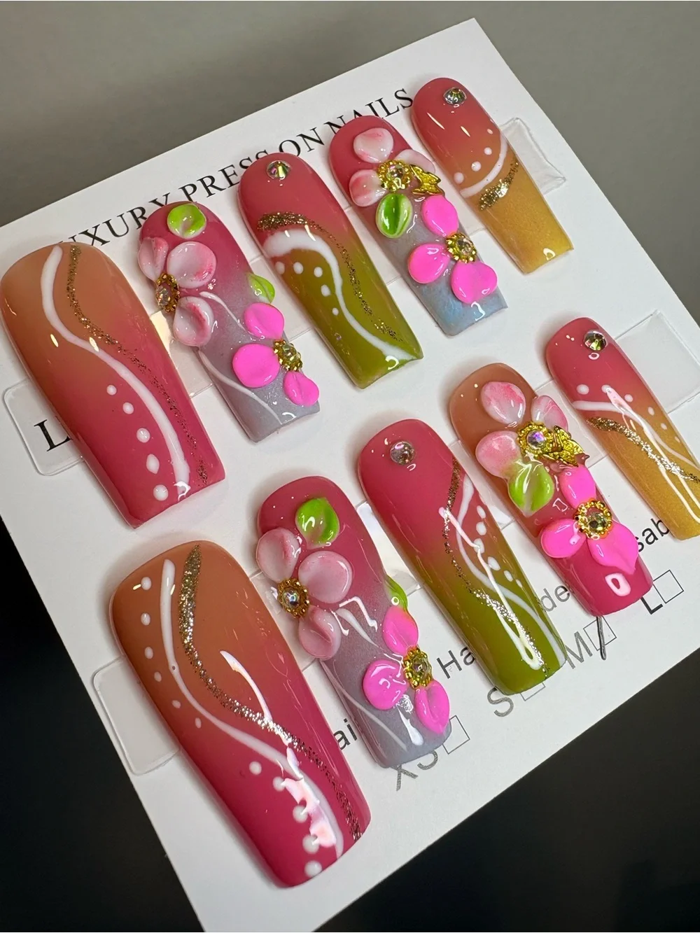 Pink Floral Press-On Nails with Gold Accents
